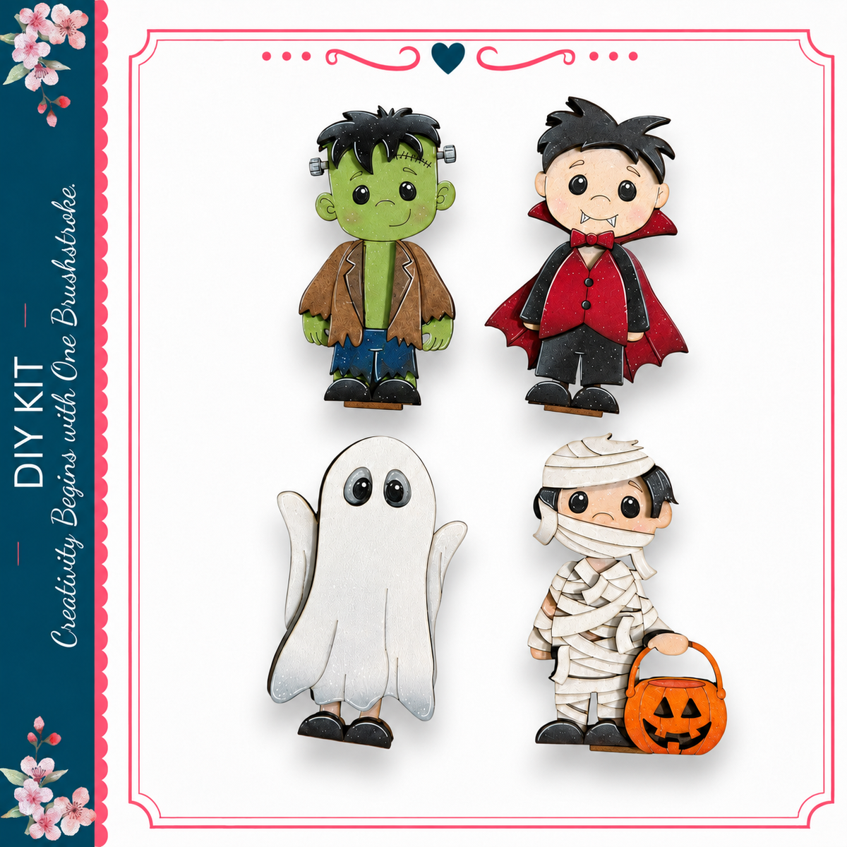four cartoon-style figures representing different Halloween costumes: a green monster, a boy in a red cape, a ghost, and a boy dressed as a mummy holding a carved pumpkin.