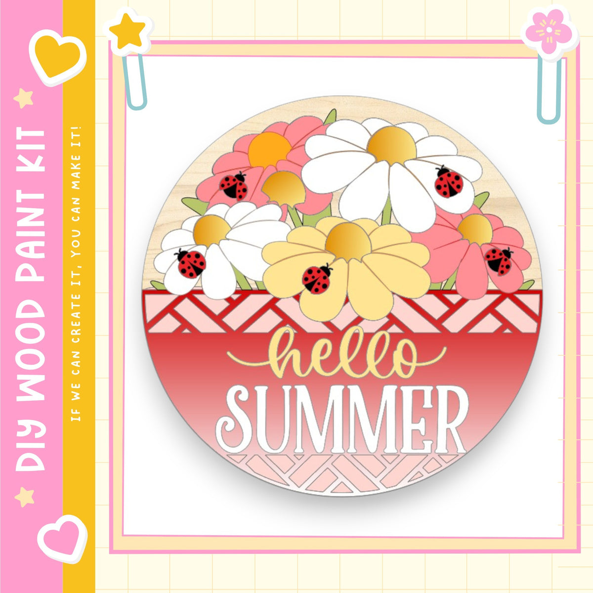 The image is a circular design featuring a bouquet of colorful flowers, including daisies and ladybugs, with the text "Hello Summer" written on it.