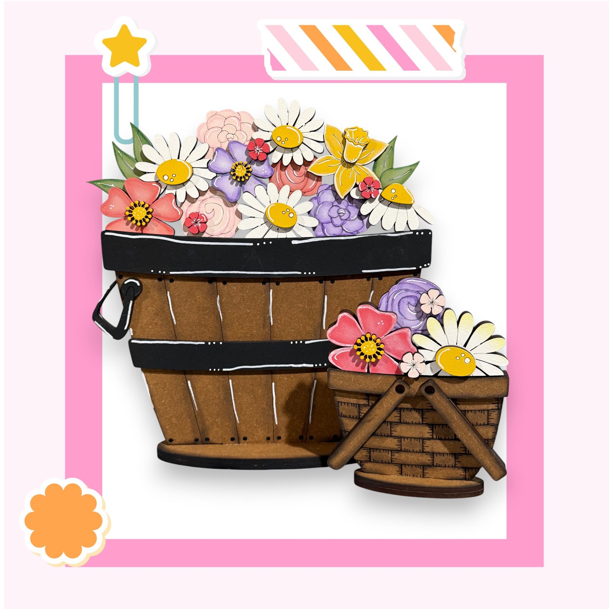 A wooden basket filled with colorful flowers, including daisies, peonies, and other blooms, is depicted against a pink background.