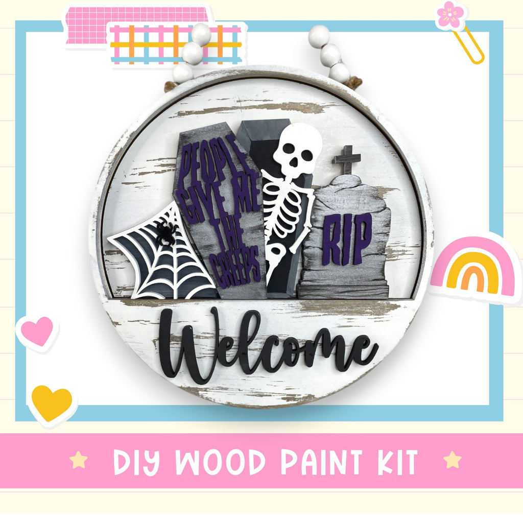 a picture of a welcome sign with a skeleton