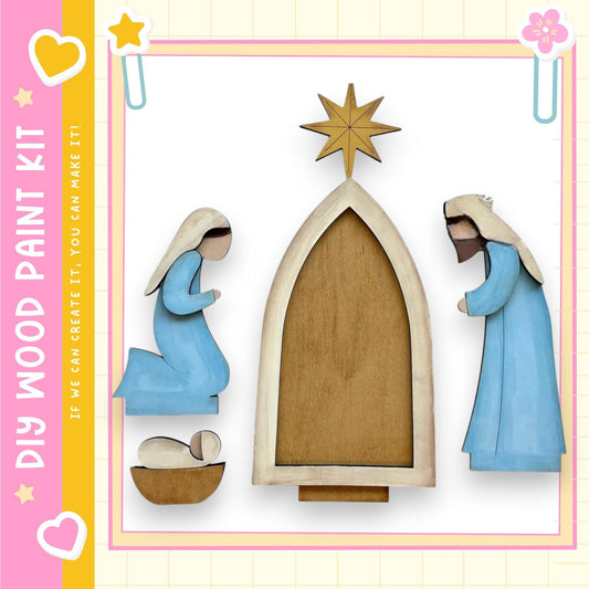 The image is a collage featuring a nativity scene with a wooden frame, a wooden star, and two wooden figures dressed in blue.