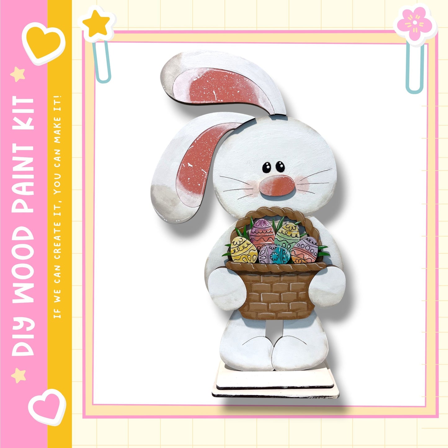 A wooden Easter bunny figurine holding a basket of colorful Easter eggs.