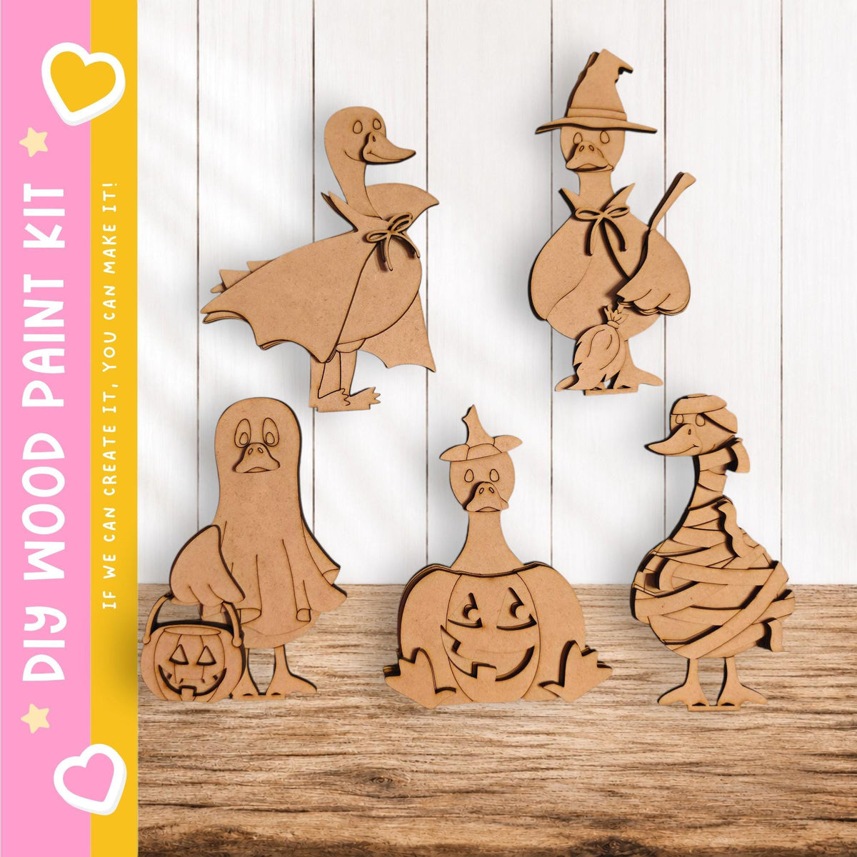 A collection of wooden cutouts depicting various Halloween-themed characters, including a witch, pumpkin, ghost, and duck.