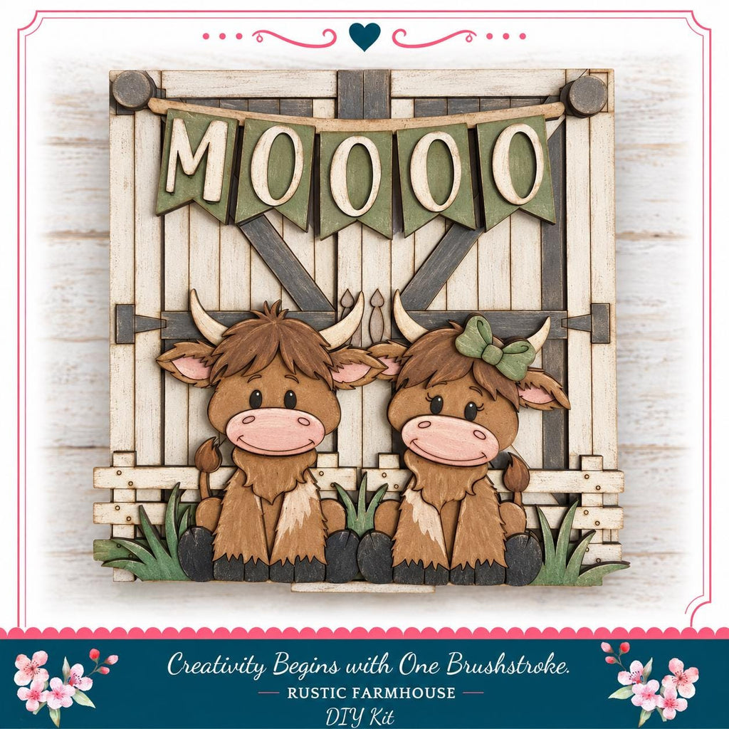 a wooden sign with two cartoon cows sitting on a wooden fence, with a banner that says "Moooo" hanging above them.