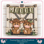 a wooden sign with two cartoon cows sitting on a wooden fence, with a banner that says "Moooo" hanging above them.