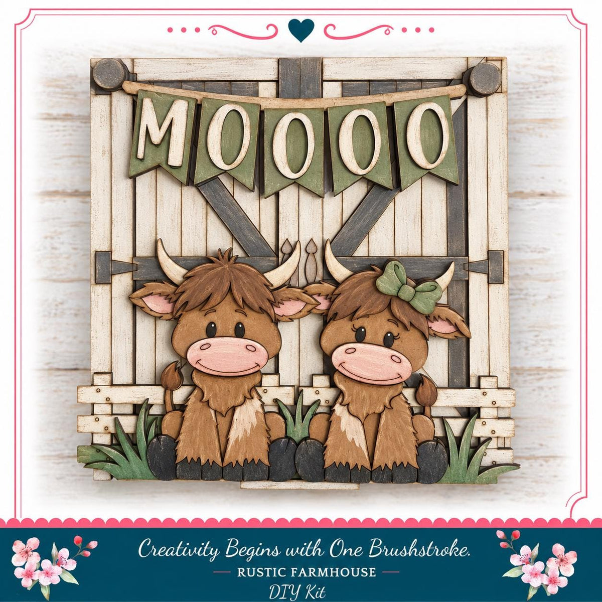 a wooden sign with two cartoon cows sitting on a wooden fence, with a banner that says "Moooo" hanging above them.