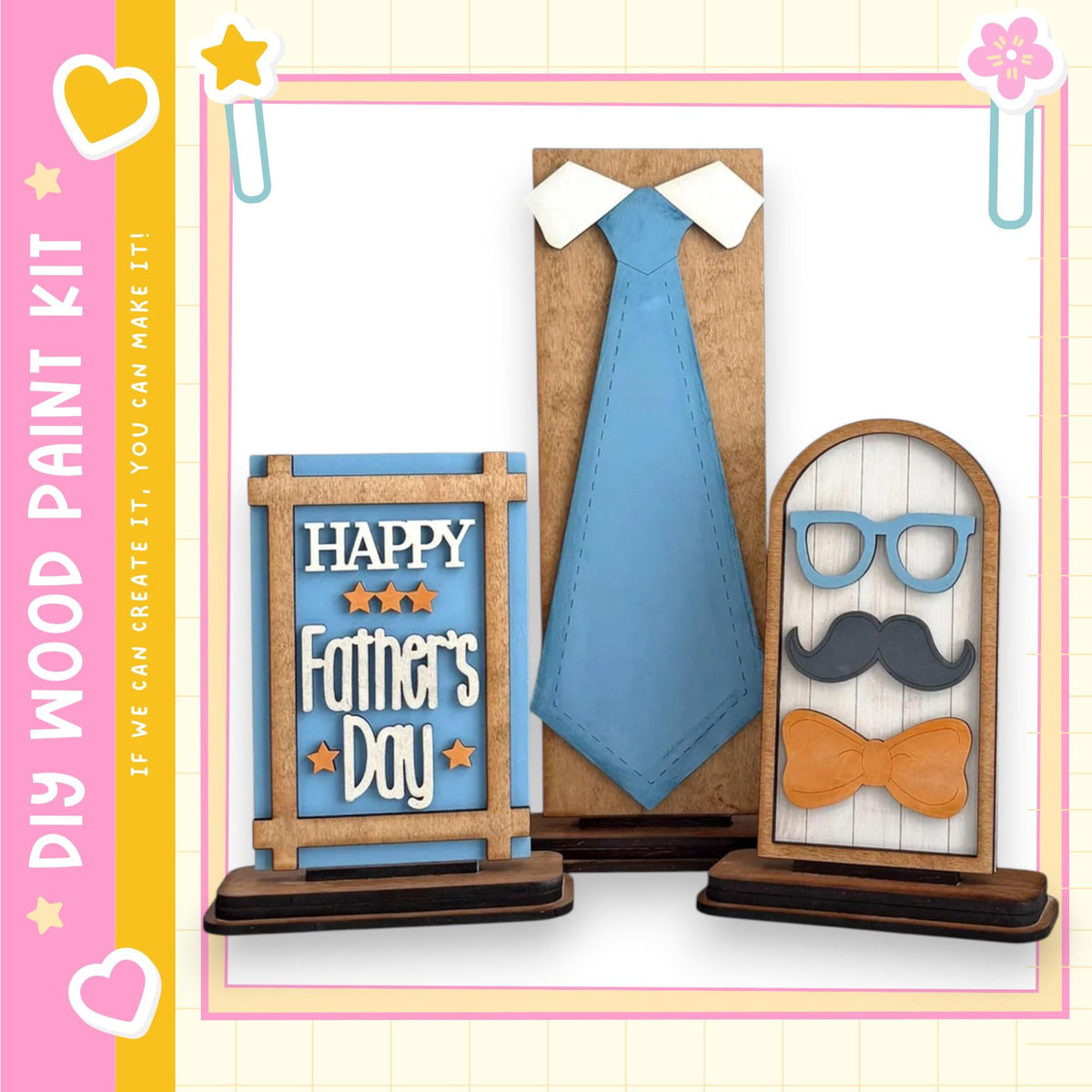 a Father's Day-themed display with a blue tie, a pair of glasses, and a bow tie, all arranged on a wooden stand.