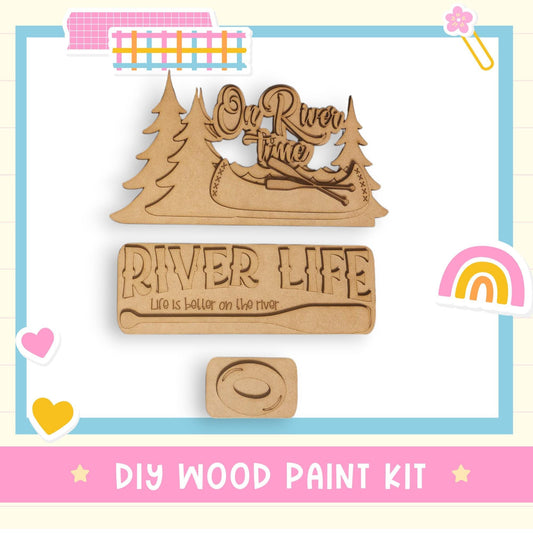 a wooden kit with a picture of a river life sign