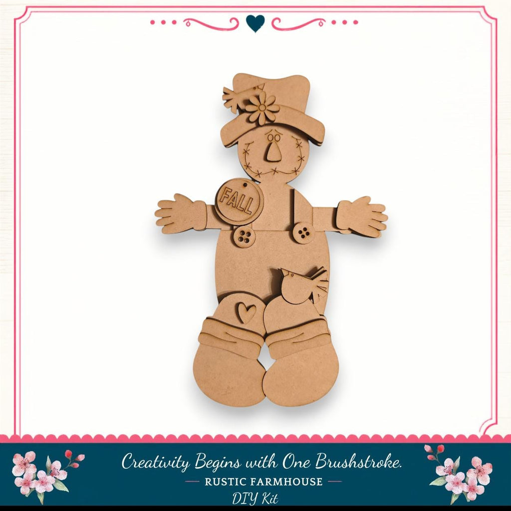A wooden scarecrow figure with a hat and a flower on its chest, standing against a white background.