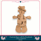 A wooden scarecrow figure with a hat and a flower on its chest, standing against a white background.