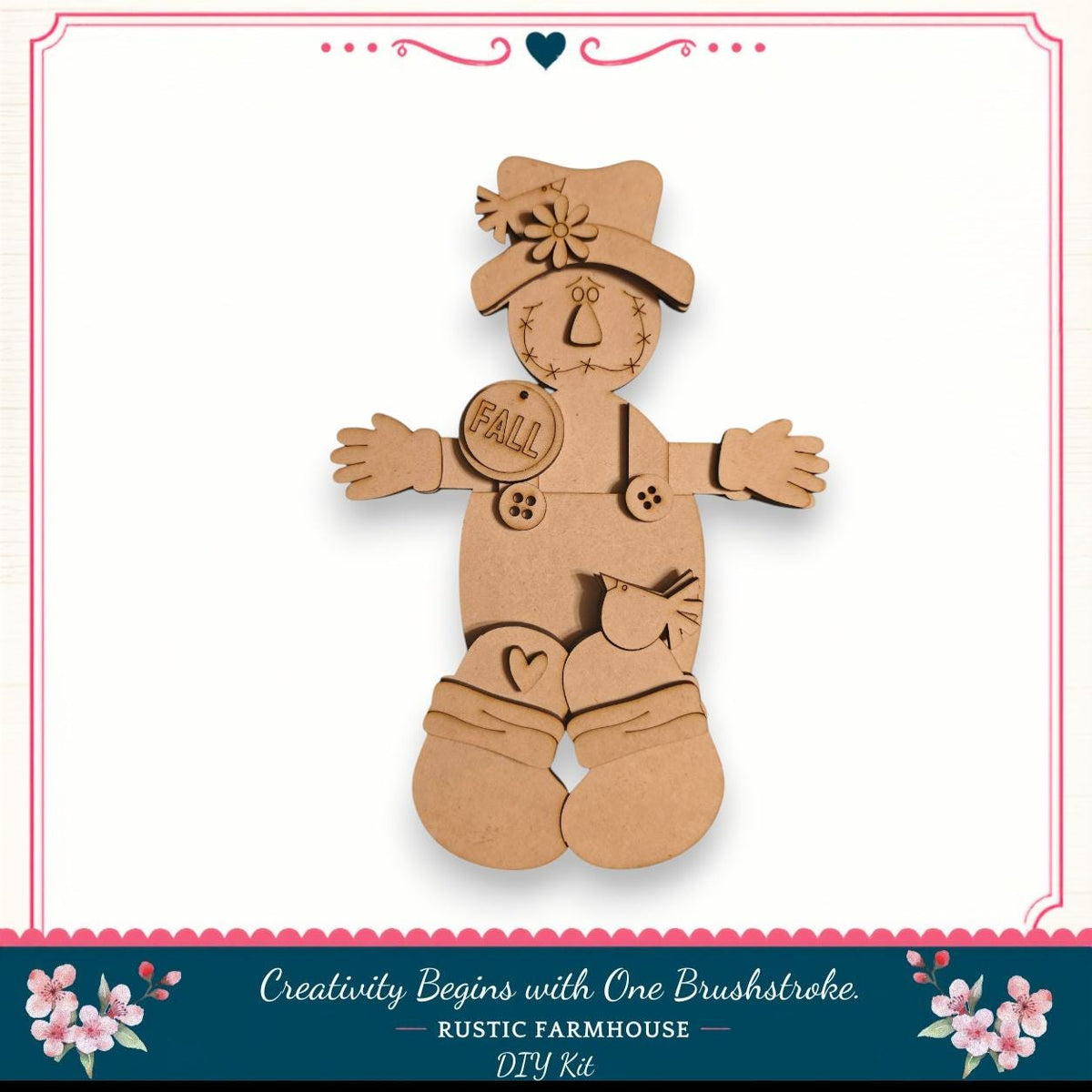 A wooden scarecrow figure with a hat and a flower on its chest, standing against a white background.