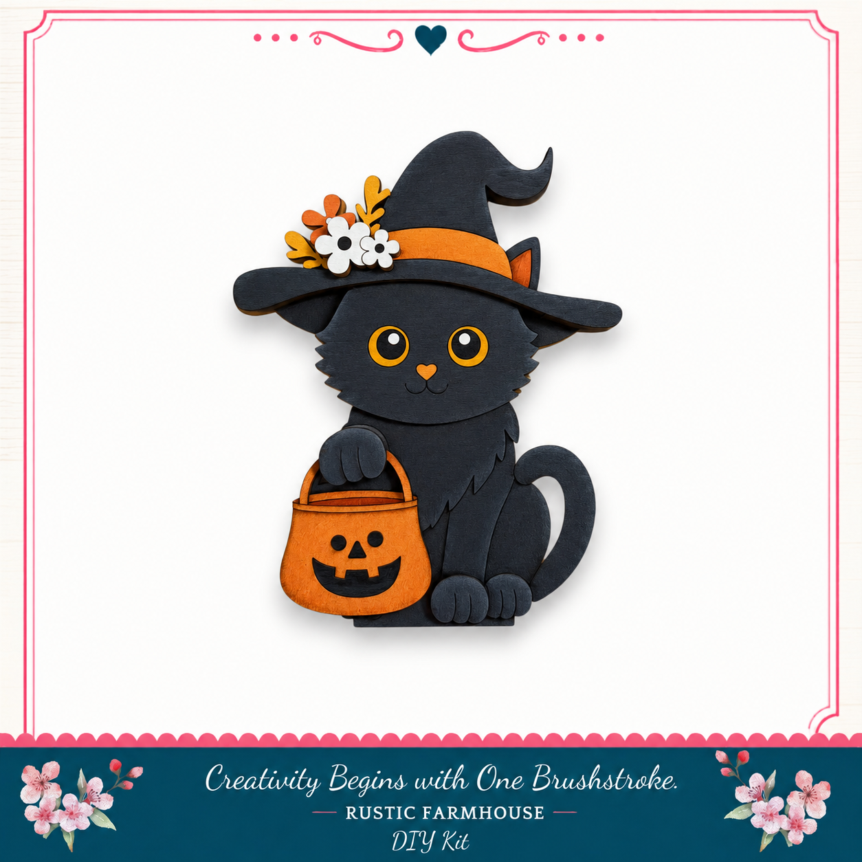 A black cat wearing a witch's hat and carrying a carved pumpkin, set against a white background with a decorative border.