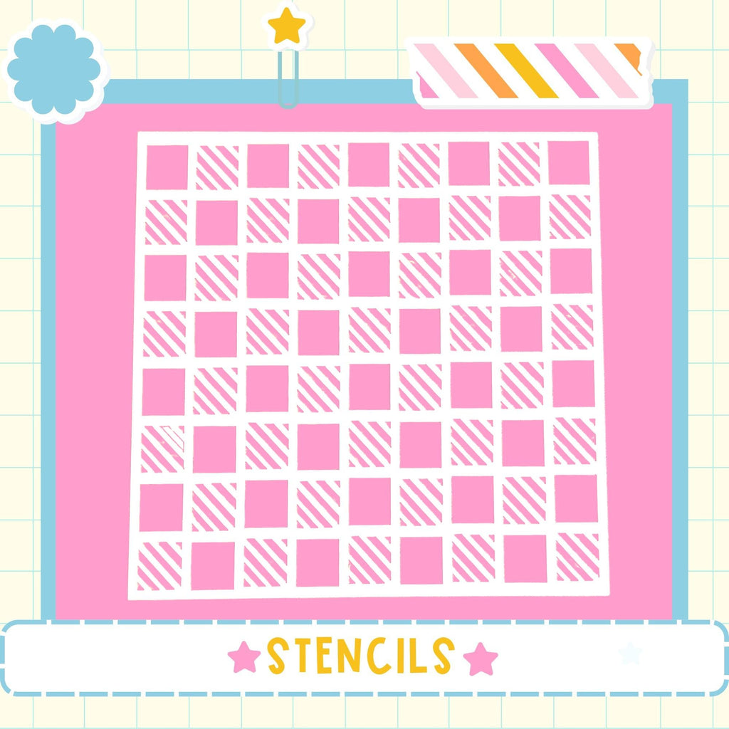 The image is a collage of various images, including a pink and white checkered pattern, a star, and a cloud. The word "STENCILS" is prominently displayed in the bottom center of the image.