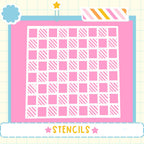 The image is a collage of various images, including a pink and white checkered pattern, a star, and a cloud. The word "STENCILS" is prominently displayed in the bottom center of the image.