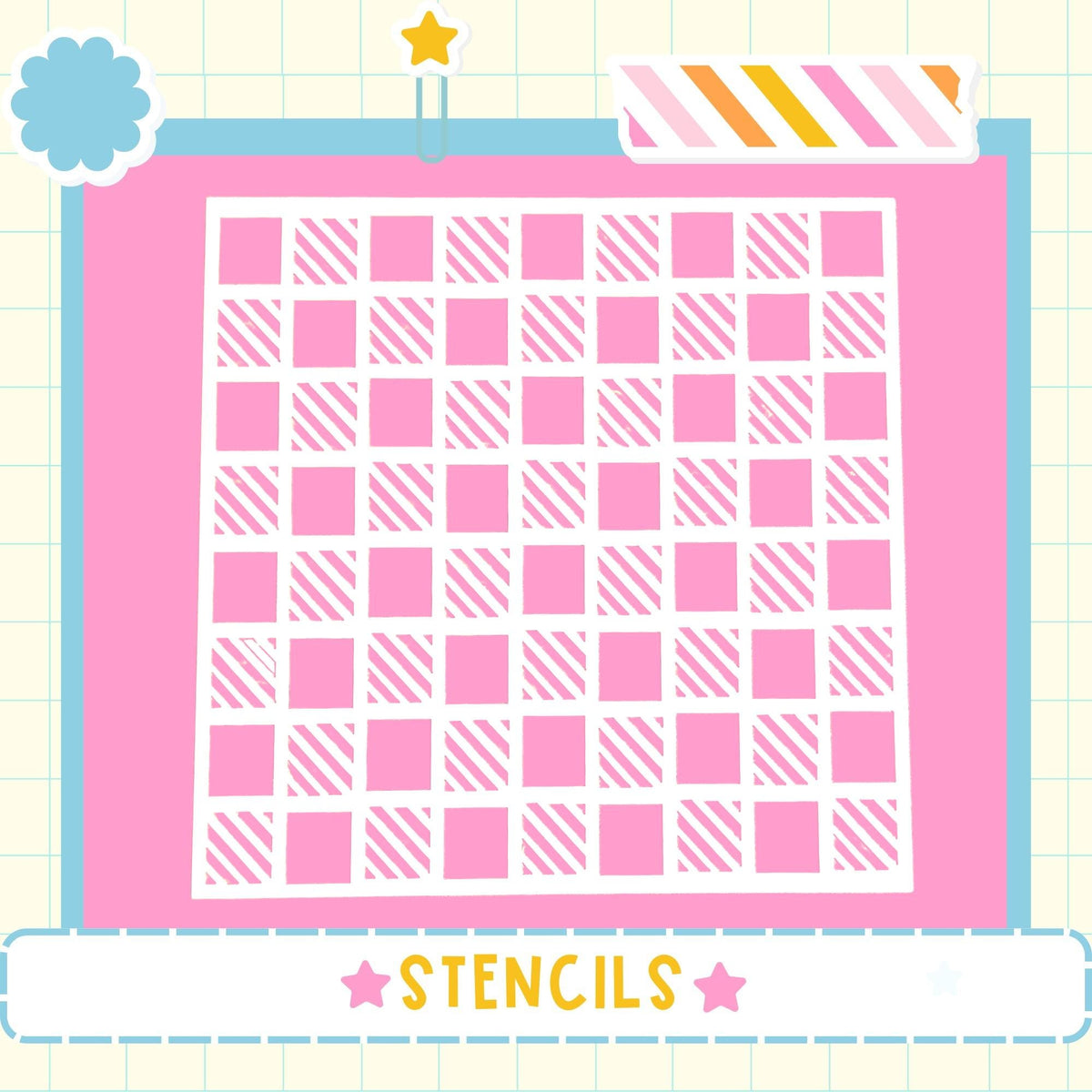 The image is a collage of various images, including a pink and white checkered pattern, a star, and a cloud. The word "STENCILS" is prominently displayed in the bottom center of the image.