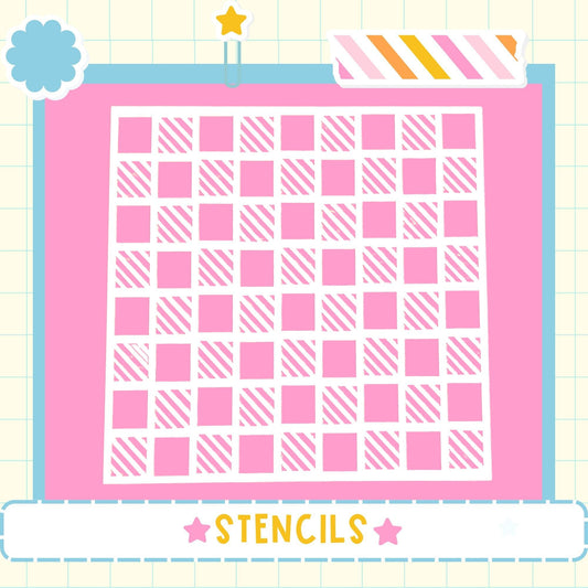 The image is a collage of various images, including a pink and white checkered pattern, a star, and a cloud. The word "STENCILS" is prominently displayed in the bottom center of the image.