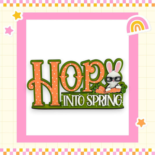 a picture of a picture of a bunny with the words hop into spring