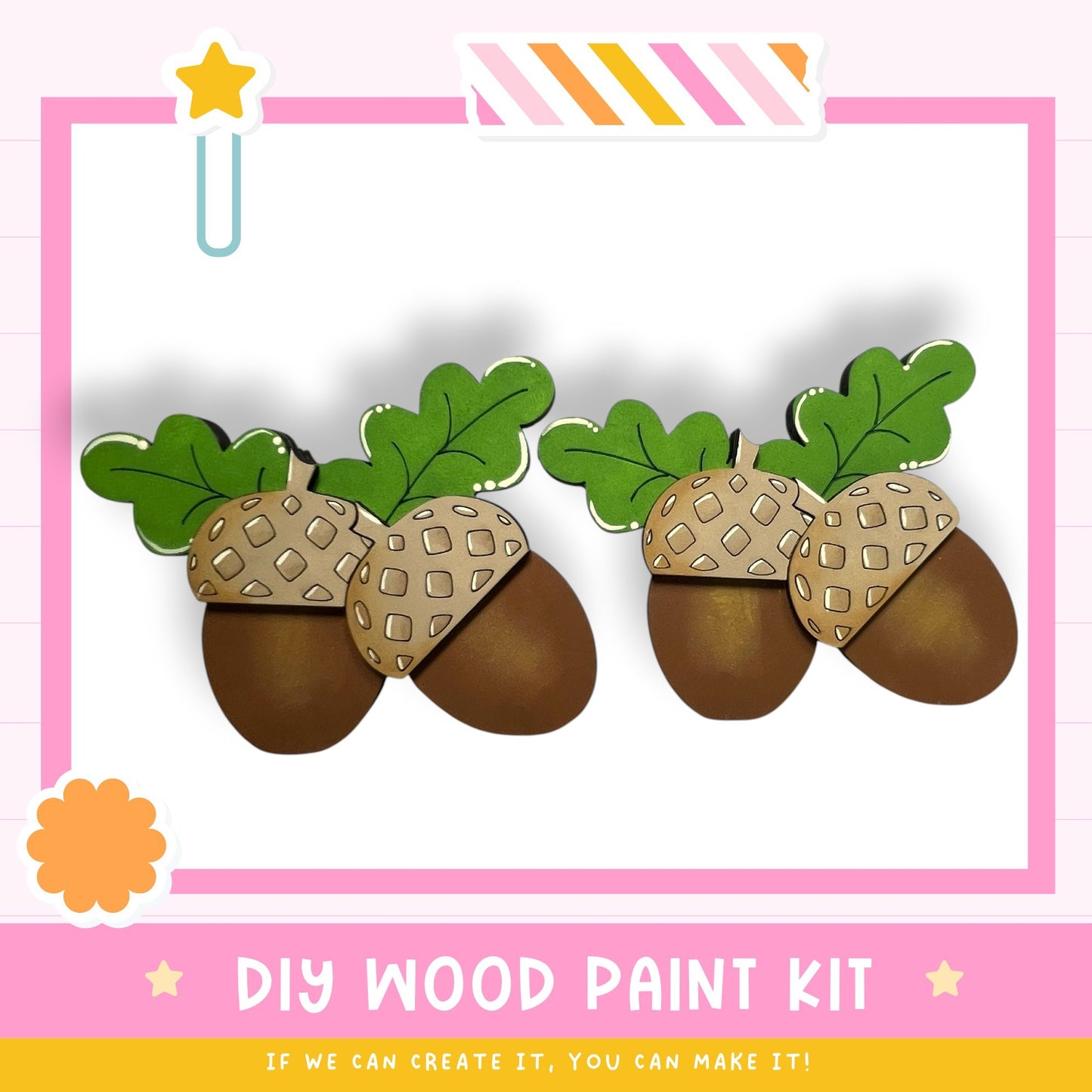 a DIY wood paint kit with two acorns painted on a white background. The kit includes a star and a flower, suggesting it is a creative and fun project for children or adults to engage in.