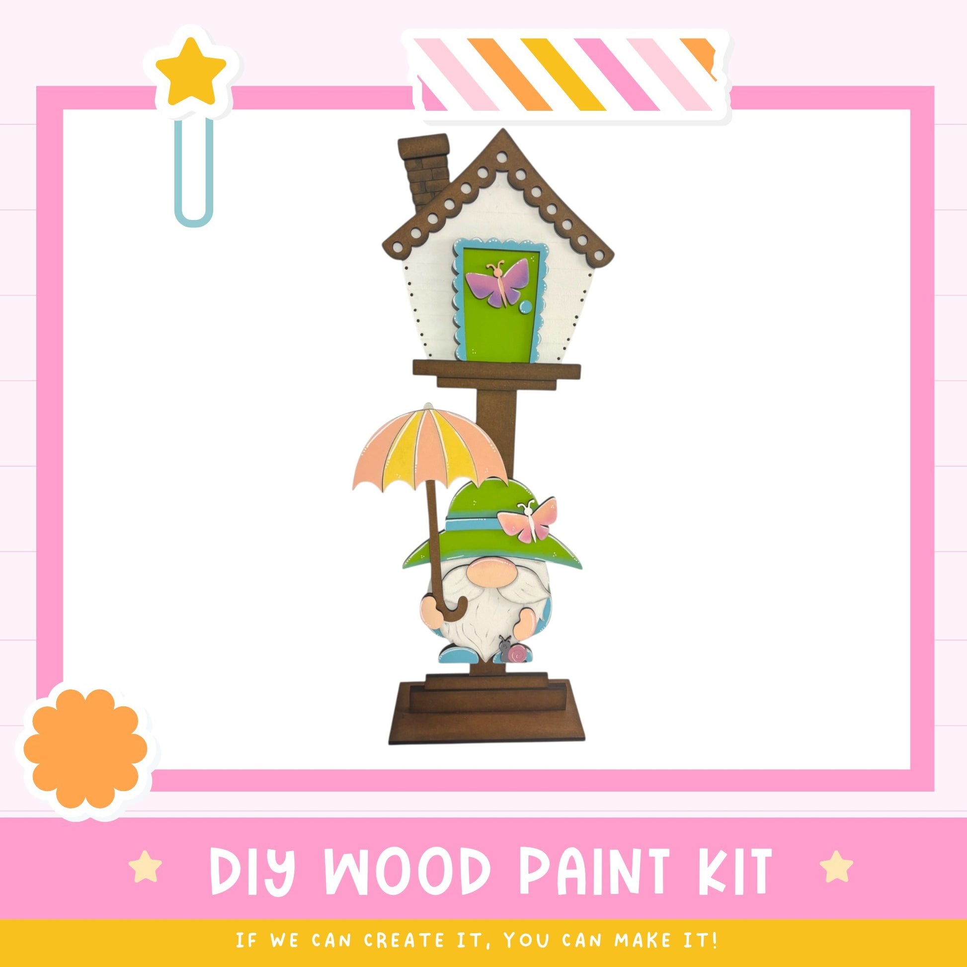 a wooden birdhouse with a gnome holding an umbrella, set against a pink and white background.