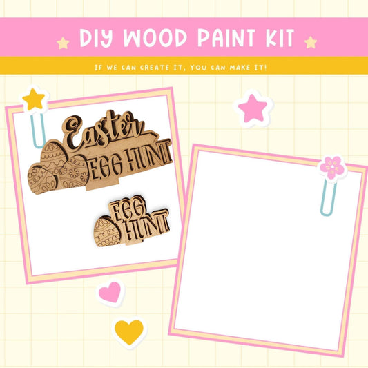 a wooden craft kit with a picture of an egg hunt