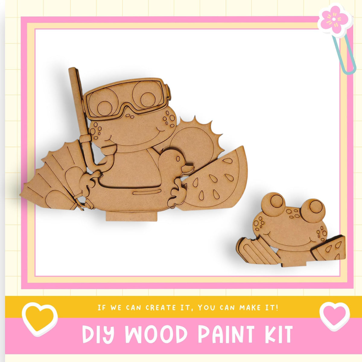 a DIY wood paint kit, including a wooden frog and a wooden fish, which can be assembled and painted to create a fun and creative project.