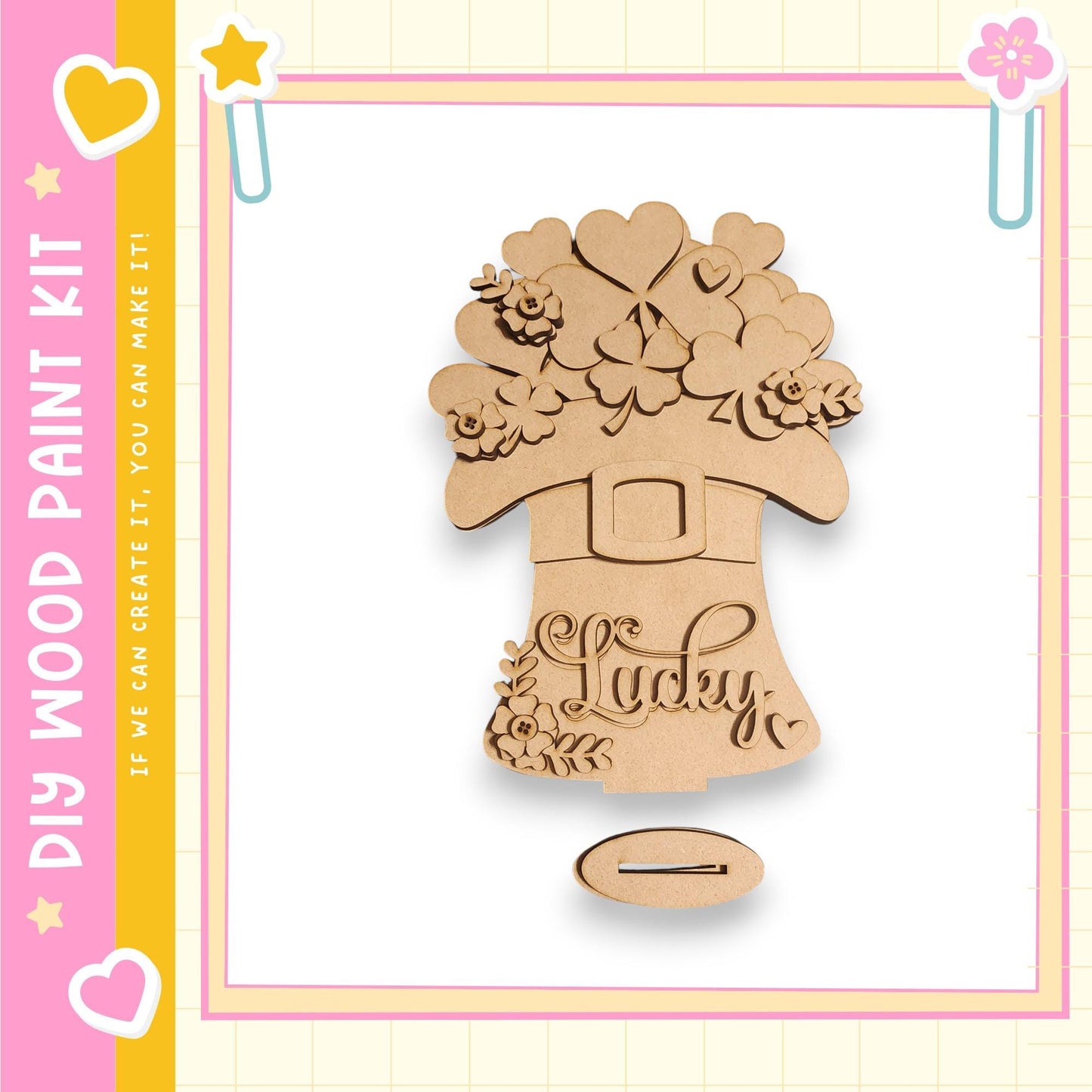 A wooden craft kit with the word "Lucky" carved into it, surrounded by various decorative elements such as hearts and flowers.