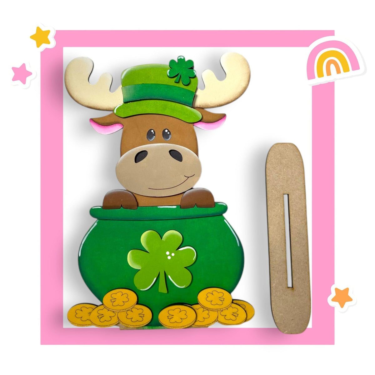 a st patrick's day card with a moose in a pot of gold coins