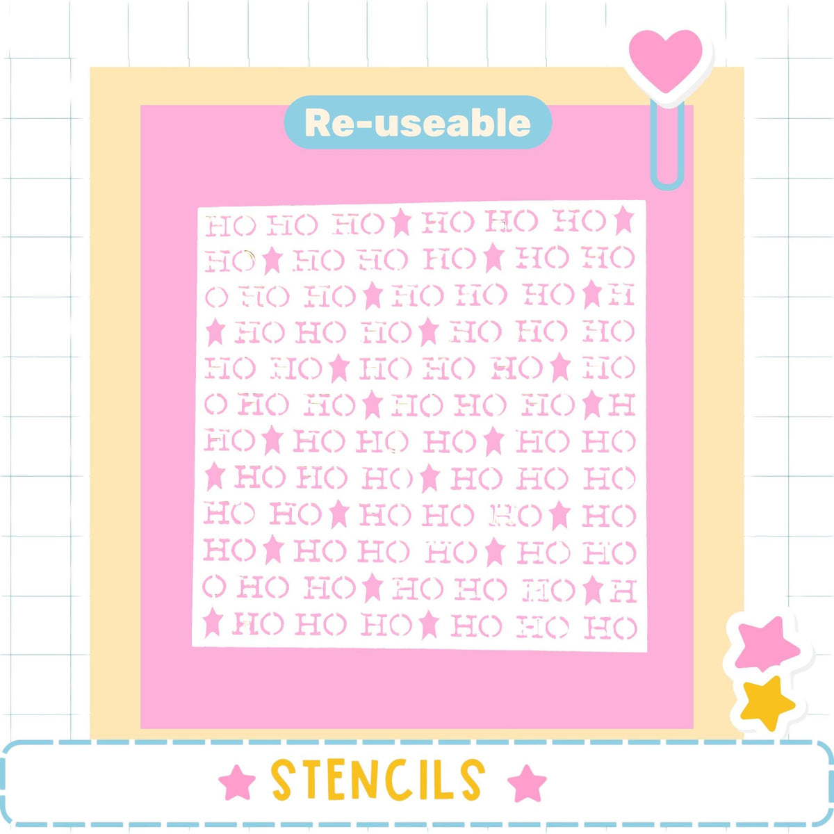 a pink background with a repeating pattern of white stars and hearts, and the word "Re-useable" is written above it.