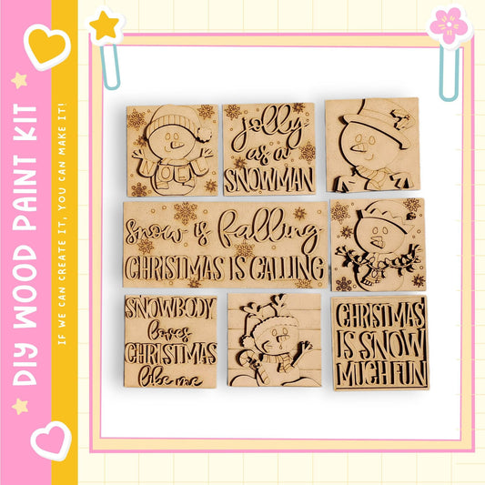 a collection of six wooden cutouts depicting snowmen and Christmas-themed designs, arranged in a grid-like pattern.