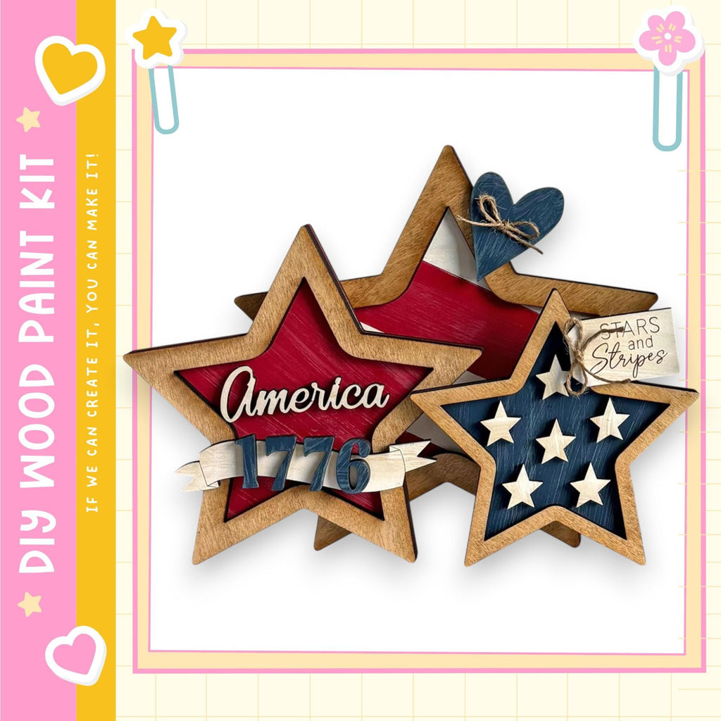 a collection of wooden stars in various shapes and sizes, with the word "America" written on one of them. The stars are arranged in a way that suggests they are part of a larger project or kit.