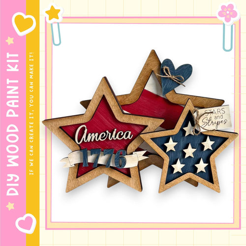 a collection of wooden stars in various shapes and sizes, with the word "America" written on one of them. The stars are arranged in a way that suggests they are part of a larger project or kit.