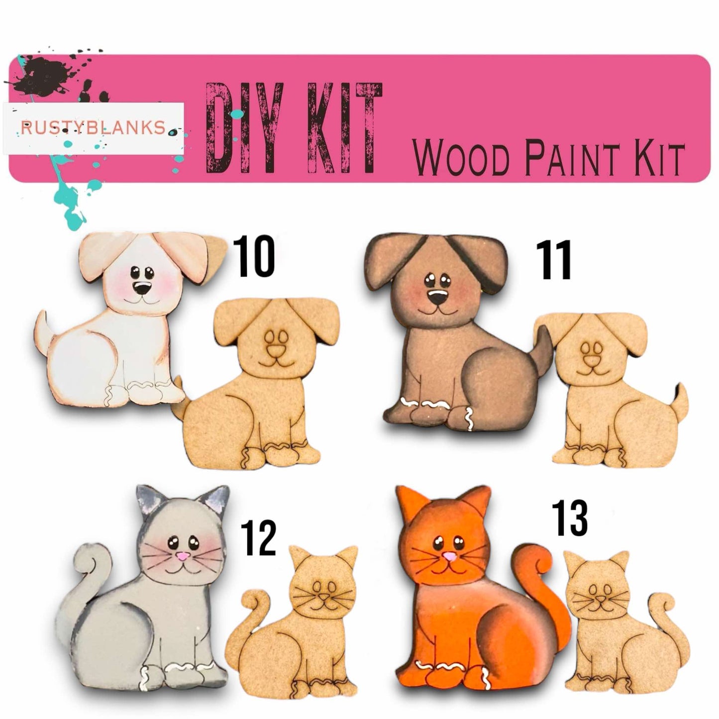 a picture of a dog, cat, and kitten wood craft kit