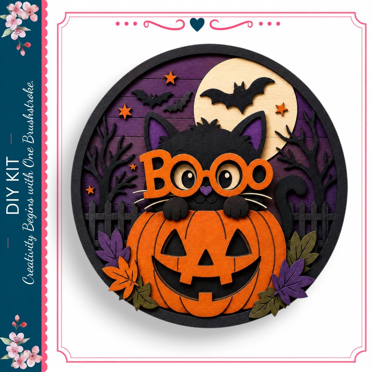 A Halloween-themed cutout featuring a cat peeking out from behind a carved pumpkin, with a full moon, bats, and leaves in the background.