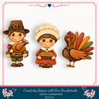 three wooden figurines representing a boy, a girl, and a turkey, all dressed in traditional Thanksgiving attire.