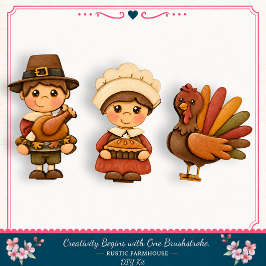 three wooden figurines representing a boy, a girl, and a turkey, all dressed in traditional Thanksgiving attire.