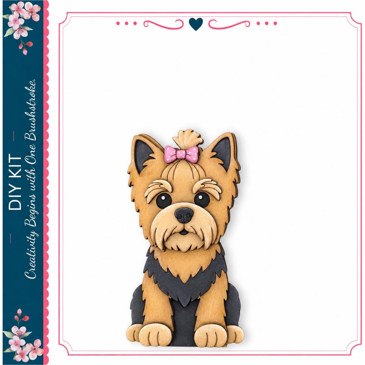 A wooden cutout of a small dog with a pink bow on its head, sitting on a white background.