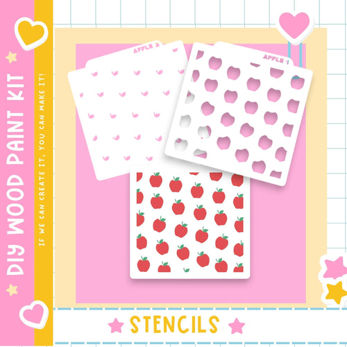 The image is a colorful and playful advertisement for a DIY wood paint kit, featuring various stencil designs with apples and hearts.