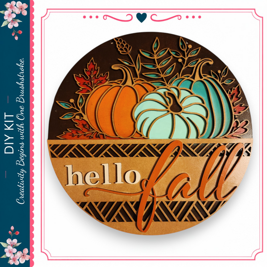The image is a circular sign with a decorative border, featuring a design of pumpkins and leaves. The sign has the text "Hello fall" written on it.