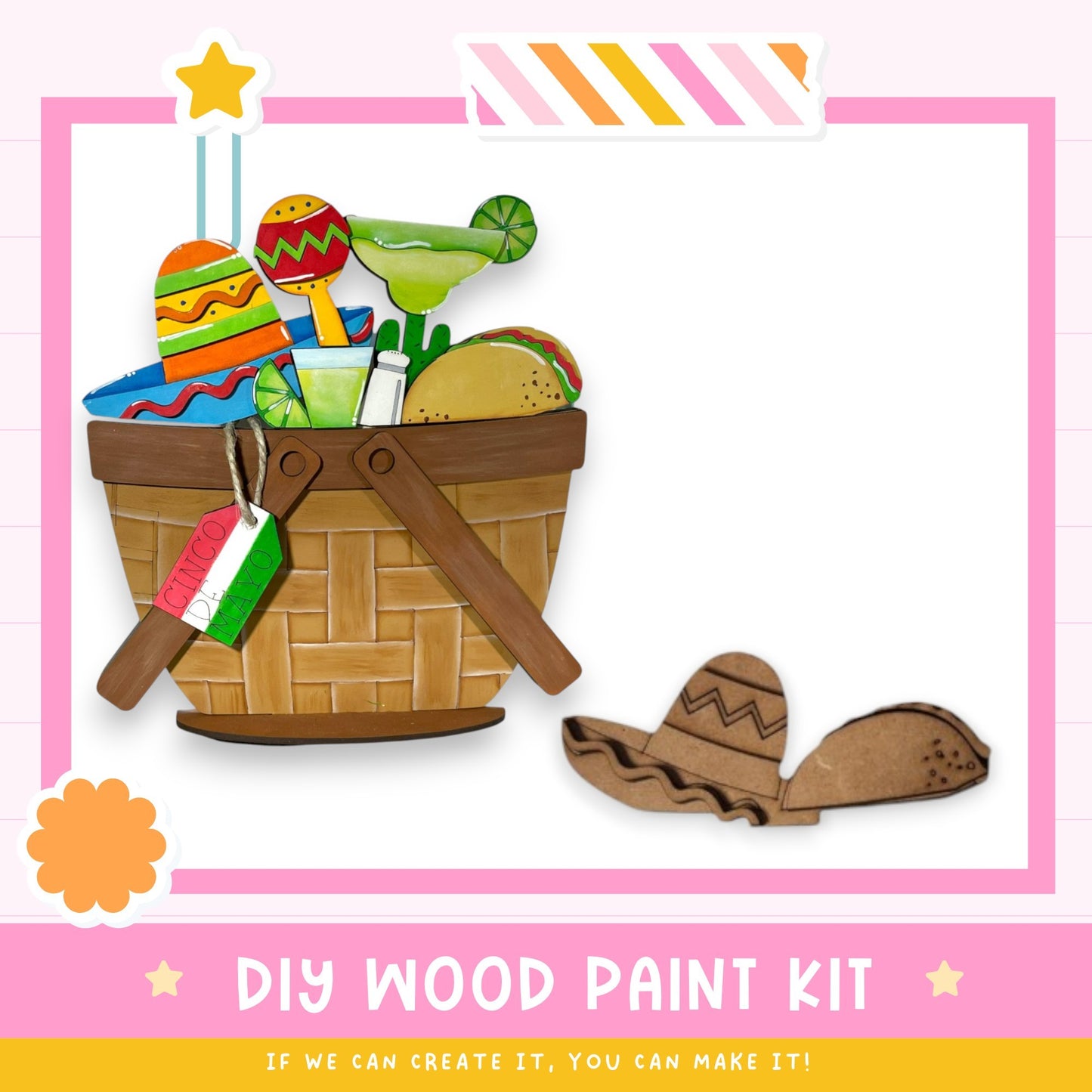 a DIY wood paint kit with a basket filled with various craft items, including a sombrero, a cocktail glass, and a star. The kit appears to be made of wood and is designed for creating custom wooden paint projects.