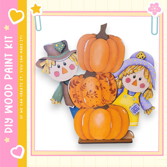 A colorful illustration of a scarecrow, a pumpkin, and a young girl, all set against a white background.