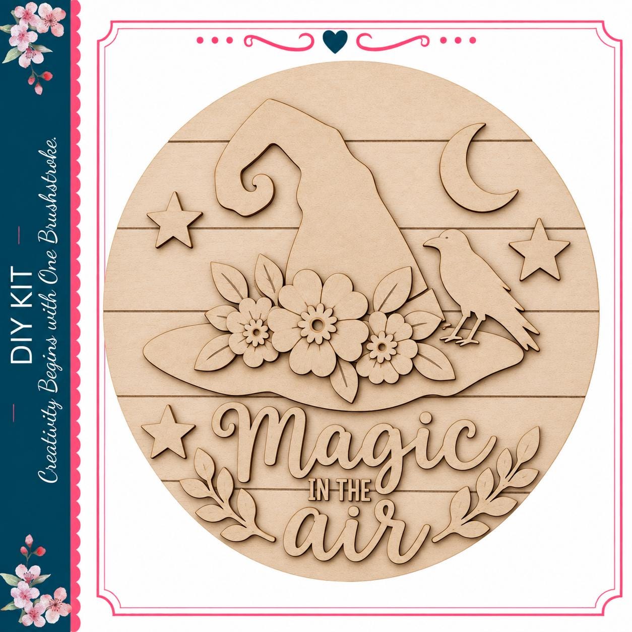 The image is a wooden sign with a witch's hat and flowers, along with the text "Magic in the air".
