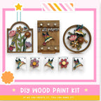 The image is a DIY wood paint kit featuring various wooden decorations and bird-themed elements, including a wooden frame with a bird and flowers, a wooden birdhouse, and a wooden birdhouse with flowers. The kit appears to be designed for creating custom wooden decorations and birdhouses.