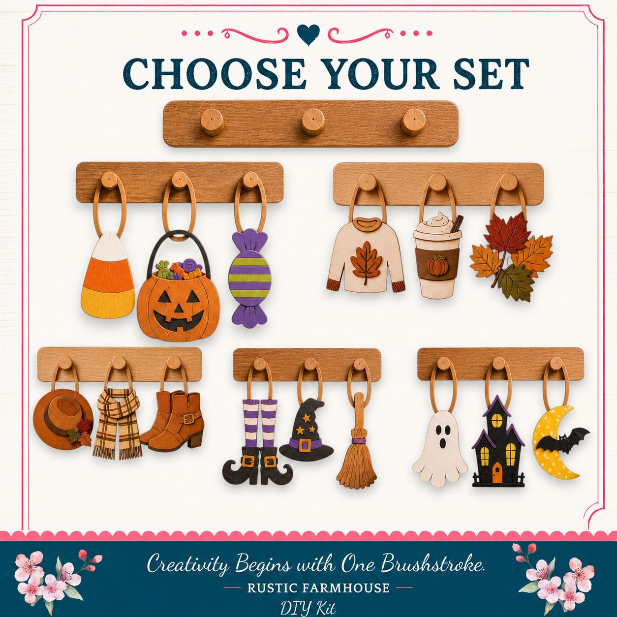 The image is a collage of various Halloween and fall-themed items, including a candy corn, a jack-o-lantern, a sweater, a coffee cup, autumn leaves, a witch's broom, a ghost, a witch's hat, a pumpkin, a scarf, a boot, and a bat. The items are displayed on wooden hangers, and the text "Choose Your Set" is prominently featured at the top of the image.