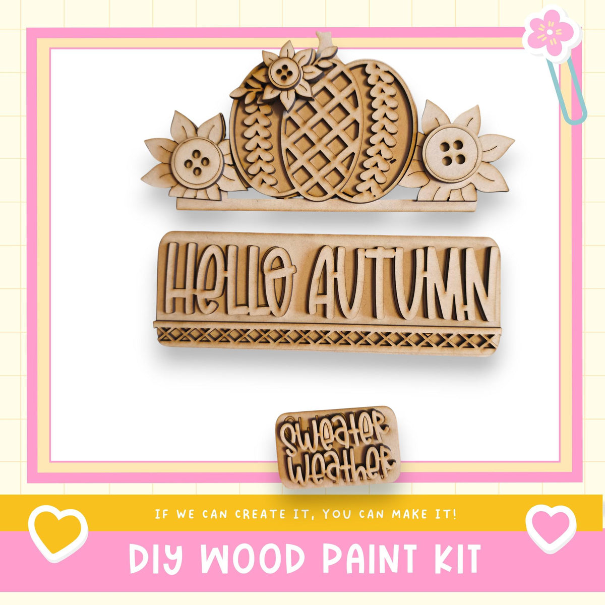 The image is a DIY wood paint kit featuring a wooden sign with the word "Hello Autumn" and a wooden cutout of a flower. The kit appears to be made of wood and is designed for creating custom signs and decorations.