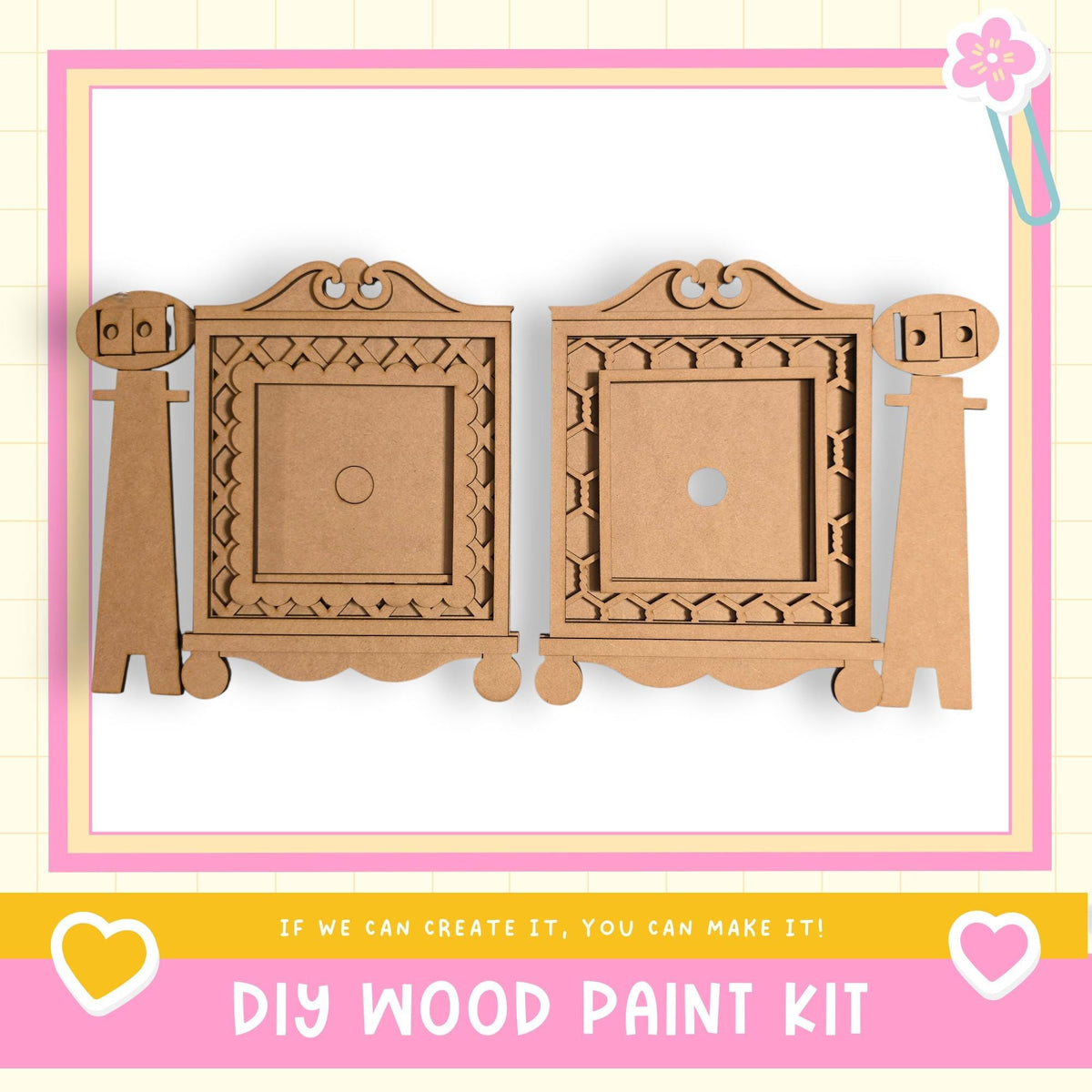 a DIY wood paint kit, with two wooden frames and a heart-shaped design on the sides. The text below the image encourages creativity and says, "If we can create it, you can make it!"