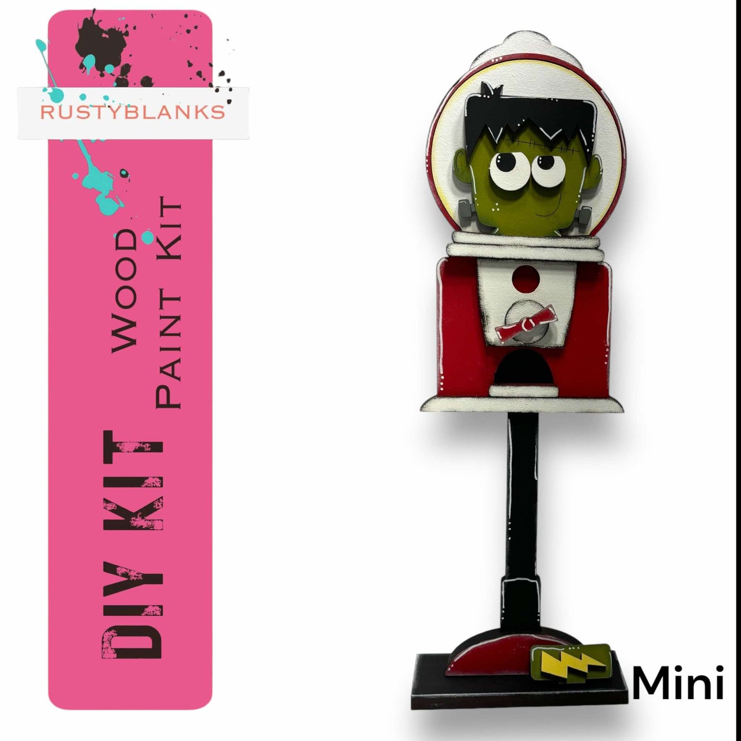 A DIY kit for painting a gumball machine, featuring a green and red color scheme.