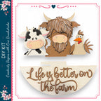 a wooden sign with the phrase "Life is better on the farm" written on it, along with a cow, a chicken, and a bull.