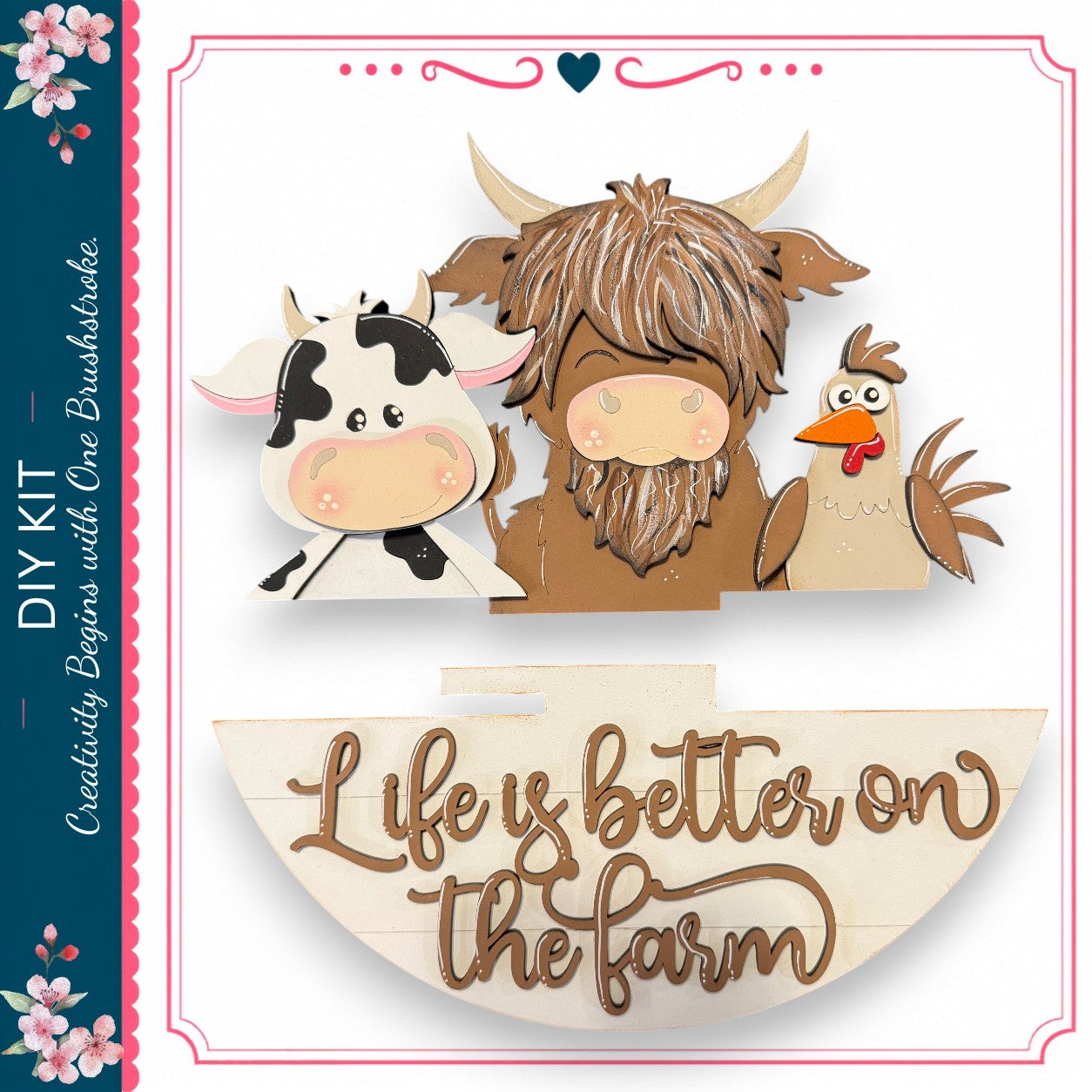 a wooden sign with the phrase "Life is better on the farm" written on it, along with a cow, a chicken, and a bull.