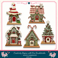 The image is a collage of four different holiday-themed wooden houses, each with unique decorations and designs. The houses are arranged in a row, showcasing various styles and colors. The image does not contain any text, and the focus is on the visual appeal of the holiday-themed houses.