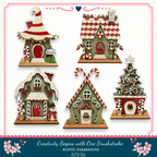 The image is a collage of four different holiday-themed wooden houses, each with unique decorations and designs. The houses are arranged in a row, showcasing various styles and colors. The image does not contain any text, and the focus is on the visual appeal of the holiday-themed houses.